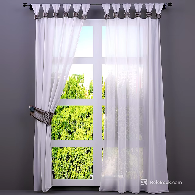 White Sheer Curtains Tied Open With Green Trees View And Sunlight 3d model 
