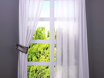 White Sheer Curtains Tied Open With Green Trees View And Sunlight 3d model