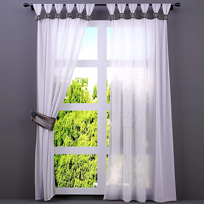 White Sheer Curtains Tied Open With Green Trees View And Sunlight 3d model