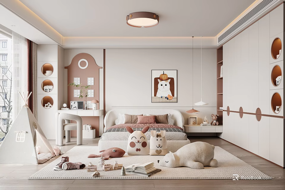 Kids Room Interior Design With Bed Stuffed Toys Play Tent Animal Art And Soft Rug 3d model 