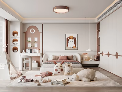 Kids Room Interior Design With Bed Stuffed Toys Play Tent Animal Art And Soft Rug 3d model