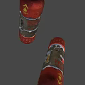 Red Silver Dual Barrel Weapon With Yellow Glowing Elements Flame Patterns And Metallic Surface Structure