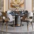 Elegant Round Dining Table Set with Six Gray Gold Chairs Marble Walls Chandelier Decorative Painting