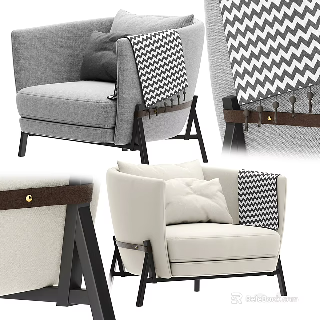 Stylish Single Sofa with Chevron Pattern Blanket Gray and Beige Upholstery Black Wooden Legs 3d model 