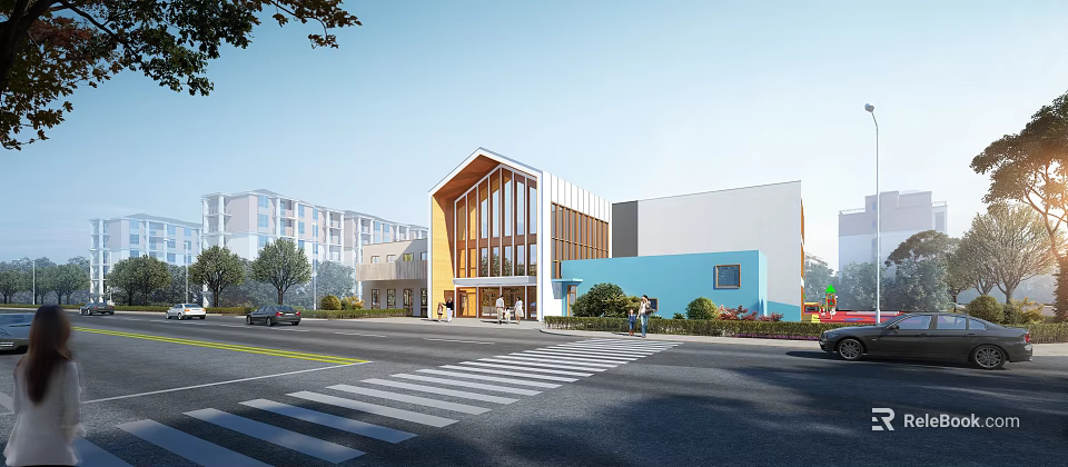 Modern School Building Exterior With Glass Windows Blue White Facade Greenery And Street Crosswalk 3d model 