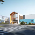Modern School Building Exterior With Glass Windows Blue White Facade Greenery And Street Crosswalk