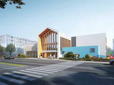 Modern School Building Exterior With Glass Windows Blue White Facade Greenery And Street Crosswalk 3d model