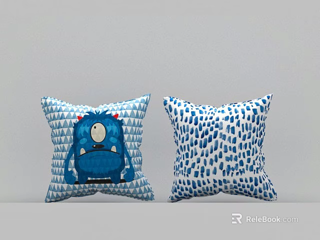 Cute Blue White Pillows With Cartoon Monster And Water Drop Patterns 3d model 