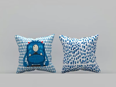 Cute Blue White Pillows With Cartoon Monster And Water Drop Patterns 3d model