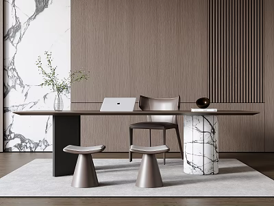 Modern Table and Chair Set with Marble Accents Wooden Wall Stools Laptop and Potted Plant 3d model