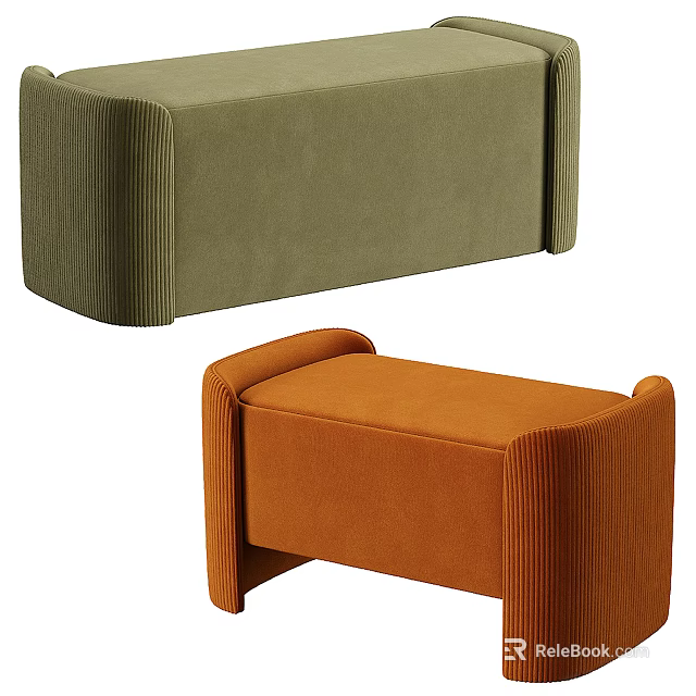 Modern Olive Green and Orange Corduroy Sofa Bench with Armrests and Long Design 3d model 