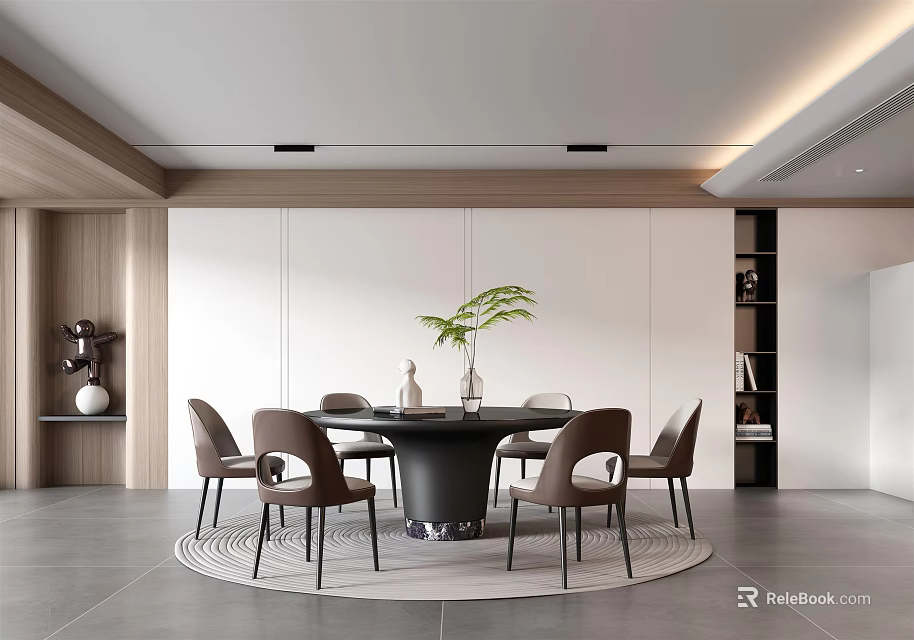 Modern Light Luxury Restaurant with Round Table Brown Chairs White Walls Wooden Decor and Greenery 3d model 