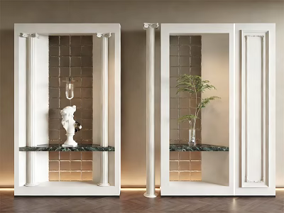Elegant White Room Dividers With Glass Panels Marble Shelves And Decorative Plants 3d model