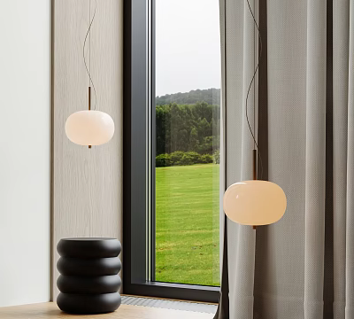 Stylish Globe Pendant Lights In Room With Window Gray Curtains And Green Lawn View 3d model