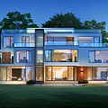 Modern Detached Villa Exterior Design With Large Glass Windows And Lush Greenery