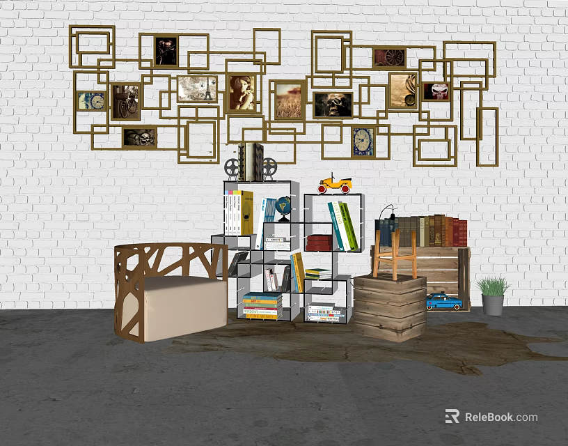 Modern Open Shelving Unit With Books Decor Sofa And Wall Frames In Room 3d model