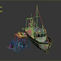 Rusty Old Fishing Boat Moored At Small Dock With Mast And Gear