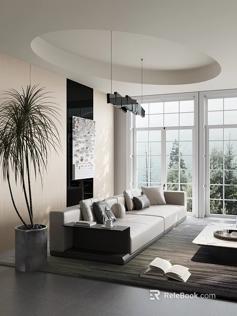 Modern Living Room With Inflatable Sofa Large Windows And Potted Plant 3d model 