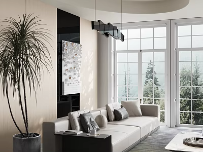 Modern Living Room With Inflatable Sofa Large Windows And Potted Plant 3d model