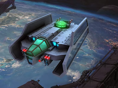 Futuristic Spaceship Flying Above Earth With Green Glowing Windows And Metallic Structure 3d model