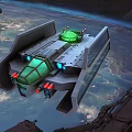 Futuristic Spaceship Flying Above Earth With Green Glowing Windows And Metallic Structure