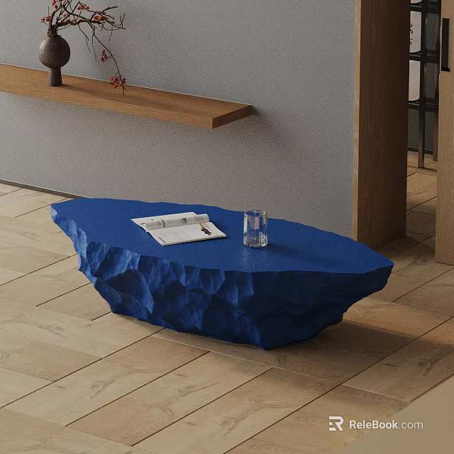 Modern Sofa And Coffee Table Set With Blue Stone Shaped Table And Wooden Elements 3d model