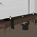 Banquette Sofa Seating by Window with Window Blinds Small Round Tables Chairs and Sunlight