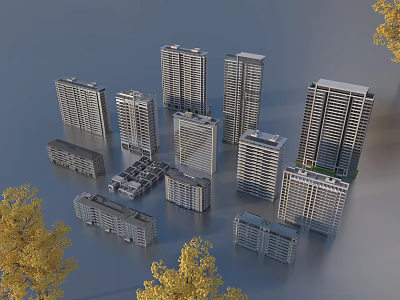Modern High Rise and Low Rise Urban Residential Buildings With Surrounding Trees 3d model