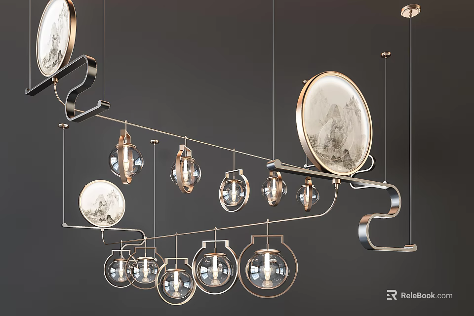 Modern Metal Frame Chandelier With Glass Globe Shades And Decorative Plates 3d model 