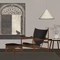 Modern Leisure Chair with Wooden Frame Black Cushion Footstool Side Table and Cat Painting