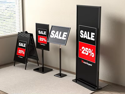 Multiple Floor Standing Billboards Featuring Sale 25 Percent Off And Promotional Messages 3d model