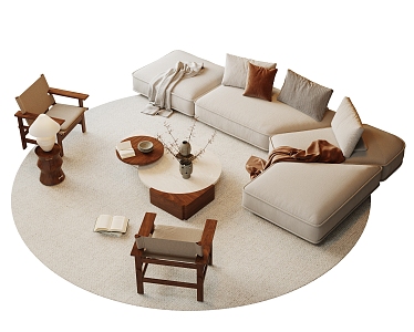 Quiet Sofa Tea Table Combination Ornaments Single Chair Multi-person Sofa Side Round Carpet 3d model