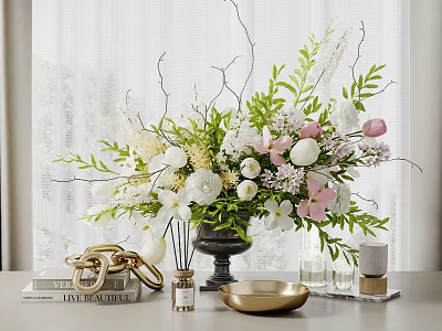 Decorative Ornament Set With Floral Arrangement Greenery Golden Accents Books Fragrance Bottles And Tray 3d model