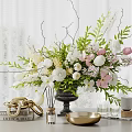 Decorative Ornament Set With Floral Arrangement Greenery Golden Accents Books Fragrance Bottles And Tray