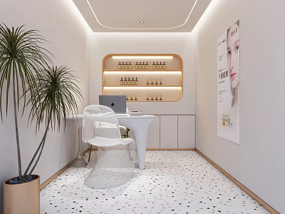 Modern Beauty Salon Interior With Workstation Chair Plant Product Display And Decorative Poster 3d model