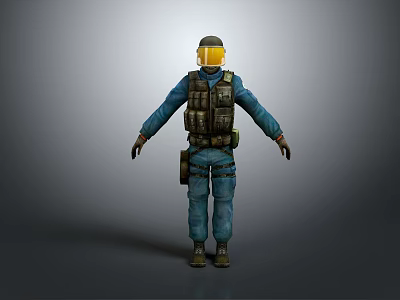 3D Model of Tactical Character in Blue Uniform With Yellow Visor and Vest 3d model