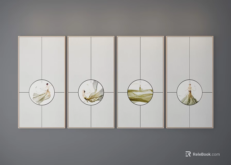 Four Panel Wall Art With Circular Figure Paintings On Light Grid Background 3d model