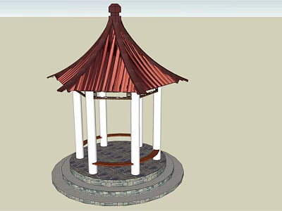 Traditional Pavilion With Red Roof White Pillars And Circular Gray Stone Base 3d model