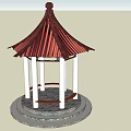 Traditional Pavilion With Red Roof White Pillars And Circular Gray Stone Base