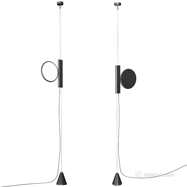 Two Modern Circular Pendant Lights With Black And White Minimalist Hanging Design 3d model 