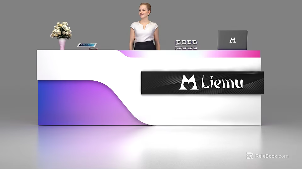Modern Reception Desk With White Purple Blue Gradient Laptop Tablet White Flowers And Liemu Logo 3d model 
