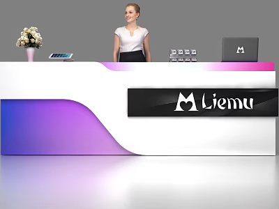 Modern Reception Desk With White Purple Blue Gradient Laptop Tablet White Flowers And Liemu Logo 3d model