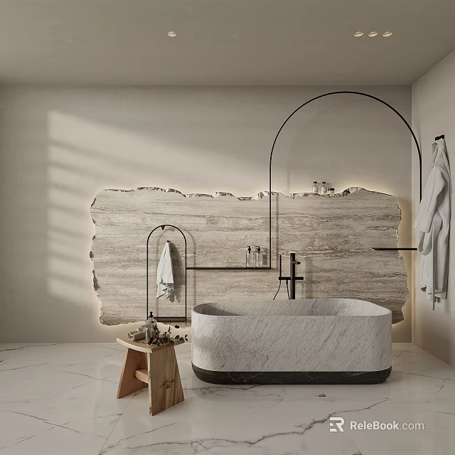 Modern Bathroom Interior Design With Marble Bathtub Wooden Textured Wall Arched Metal Frame And Towels 3d model 