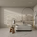 Modern Bathroom Interior Design With Marble Bathtub Wooden Textured Wall Arched Metal Frame And Towels