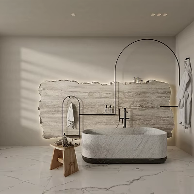 Modern Bathroom Interior Design With Marble Bathtub Wooden Textured Wall Arched Metal Frame And Towels 3d model
