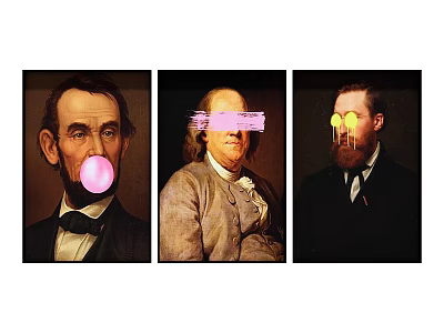 Creative Historical Figure Portraits With Pink Bubble Text Overlay And Yellow Glowing Eyes 3d model