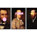 Creative Historical Figure Portraits With Pink Bubble Text Overlay And Yellow Glowing Eyes