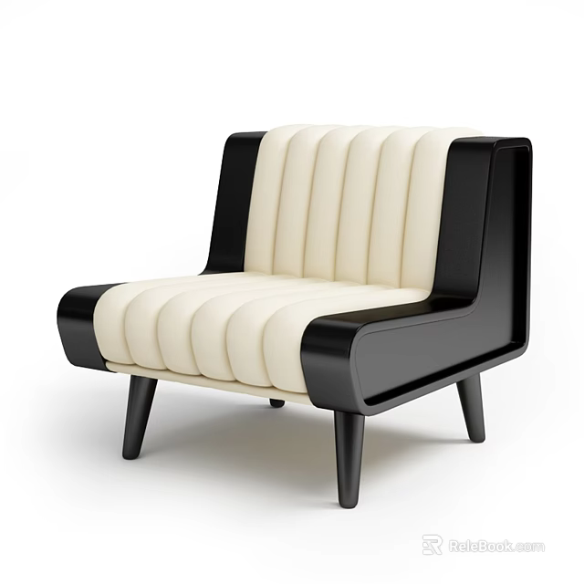 Modern Accent Chair with Cream Ribbed Upholstery Black Armrests Wooden Frame and Slim Tapered Legs 3d model 