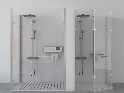 Modern Shower Sauna Interior With Transparent Glass Enclosures Showerheads And Handheld Showers 3d model