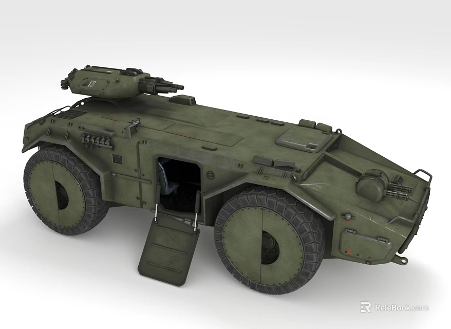 Green Armored Military Vehicle With Open Door Turret And Large Wheels 3d model 
